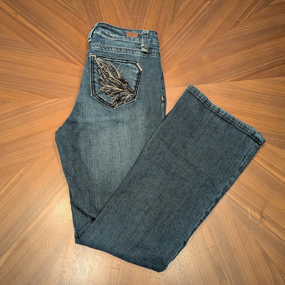 Elizabeth Grace Bootcut Jeans Womens Blue Excellent Embroidered Wing Distressed